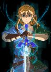  1boy absurdres archaic_set_(zelda) arm_guards arm_wrap asymmetrical_clothes aura belt black_gloves blonde_hair blue_tunic broken broken_sword broken_weapon champion&#039;s_tunic_(zelda) earrings fingerless_gloves floating_hair gloves glowing glowing_sword glowing_weapon green_tunic hands_up hashtag_only_commentary highres jewelry layered_sleeves link long_sleeves looking_at_viewer male_focus master_sword medium_hair multiple_belts pointy_ears rope rust short_over_long_sleeves short_sleeves sidelocks single_glove so_far_69 solo split_theme straight-on sword the_legend_of_zelda the_legend_of_zelda:_breath_of_the_wild upper_body weapon 