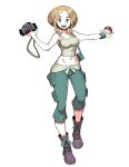  1girl bare_arms bare_shoulders blonde_hair breasts camera capri_pants collarbone genzoman green_eyes green_pants green_wristband holding holding_camera holding_poke_ball large_breasts medium_breasts midriff pants poke_ball poke_ball_(basic) pokemon pokemon_xy shirt short_hair sleeveless sleeveless_shirt solo viola_(pokemon) 