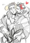  2boys absurdres bara beard_stubble bow buzz_cut carrying cosplay cosplay_request couple cowboy_shot facial_hair golden_kamuy graphite_(medium) greyscale heart hello_kitty hello_kitty_(character) hello_kitty_(character)_(cosplay) highres hug hug_from_behind kasuke_(li_tgknk) looking_at_another loose_hair_strand male_focus mature_male monochrome multiple_boys ogata_hyakunosuke one_eye_closed piggyback red_bow sanrio short_hair sketch spot_color stubble sweatdrop tanigaki_genjirou thick_eyebrows traditional_media very_short_hair yaoi 