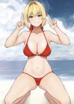  1girl ahoge bare_shoulders barefoot beach bikini blonde_hair blue_sky blush breasts cleavage closed_mouth cocq_taichou collarbone double_v fate/extra fate_(series) green_eyes hair_bun hair_intakes hair_ribbon highres kneeling large_breasts long_hair looking_at_viewer navel nero_claudius_(fate) nero_claudius_(fate/extra) ocean red_bikini red_ribbon ribbon shore sky smile solo swimsuit thighs v 