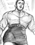  1boy bara beard_stubble buzz_cut chest_hair collared_shirt cowboy_shot crossdressing facial_hair from_below golden_kamuy greyscale highres kasuke_(li_tgknk) large_pectorals looking_to_the_side male_focus mature_male monochrome muscular muscular_male pectoral_cleavage pectorals shirt short_hair sketch skirt smile solo stubble tanigaki_genjirou thick_eyebrows translation_request travel_attendant very_short_hair 