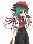  blue_eyes commentary fang green_hair hat if_they_mated microphone mystia_lorelei shiki_eiki solo touhou you_naka 