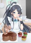  1girl absurdly_long_hair absurdres apron aris_(blue_archive) aris_(maid)_(blue_archive) black_dress black_hair blue_archive blue_eyes blush cake chocolate commentary dress food frilled_apron frills green_halo halo highres long_hair maid maid_apron maid_headdress muffin official_alternate_costume ponytail puffy_short_sleeves puffy_sleeves short_sleeves solo tomioka_(r2czw) very_long_hair white_apron 