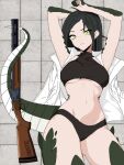  1girl absurdres arms_up black_hair breasts floor gun highres lizard_tail looking_at_viewer lying monster_girl navel on_back panties parted_lips reptile_girl scales scp-682 scp_foundation solo tail underboob underwear weapon yellow_eyes 