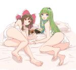  2girls :q ass bare_legs barefoot bed_sheet blush bow brown_hair camisole food frilled_bow frilled_hair_tubes frills frog_hair_ornament green_hair hair_bow hair_ornament hair_tubes hakurei_reimu highres kashiwada_kiiho kochiya_sanae looking_at_viewer lying multiple_girls on_side panties red_eyes senbei smile snake_hair_ornament soles toes tongue tongue_out touhou underwear underwear_only white_camisole white_panties 