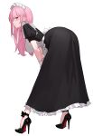  1girl absurdres alternate_costume apron ass bent_over black_dress bluefield breasts dress enmaided frilled_apron frills high_heels highres hololive hololive_english long_hair looking_at_viewer maid maid_apron maid_headdress mori_calliope pink_hair puffy_short_sleeves puffy_sleeves short_sleeves smile stiletto_heels virtual_youtuber white_apron 