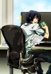  book chair chou_shittou_caduceus computer cup denim drinking_glass holding holding_cup jeans keyboard_(computer) looking_back male_focus monitor pael pants shirt short_sleeves sitting solo sticky_note victor_niguel white_shirt window 