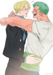  2boys absurdres arms_around_neck bara blonde_hair blush couple curly_eyebrows facial_hair from_side goatee green_hair hair_over_one_eye highres large_pectorals laughing long_sideburns male_focus multiple_boys muscular muscular_male one_piece pectorals roronoa_zoro sanji_(one_piece) short_hair sideburns sigh sparkle suit sweetdou3 yaoi 