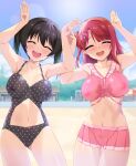  2girls ass_visible_through_thighs bikini bikini_skirt black_hair blue_sky blush bodypaint breasts brown_hair bunji closed_eyes completely_nude flower gradient_hair green_hair hair_flower hair_ornament hands_up highres large_breasts love_live! love_live!_nijigasaki_high_school_idol_club multicolored_hair multiple_girls nervous nipples nude one-piece_swimsuit open_mouth painted_clothes pink_bikini polka_dot polka_dot_swimsuit pussy rabbit_pose sky smile sun sweatdrop swimsuit takasaki_yuu twintails uehara_ayumu 