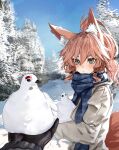  1girl absurdres animal_ear_fluff animal_ears bird black_gloves blue_scarf blue_sky blush breasts fate/grand_order fate_(series) fox_ears fox_girl fox_tail gloves grey_jacket highres jacket long_hair long_sleeves looking_at_viewer obazzotto ponytail scarf sidelocks sky snow solo_focus tail tamamo_(fate) tamamo_no_mae_(fate/extra) 