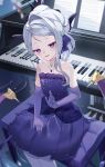  1girl black_horns blue_archive blush commentary_request demon_horns demon_wings dress elbow_gloves gloves grey_hair halo hanei_shiro highres hina_(blue_archive) hina_(dress)_(blue_archive) horns instrument jewelry long_hair multiple_horns necklace official_alternate_costume official_alternate_hairstyle open_mouth pendant piano piano_keys purple_dress purple_eyes purple_gloves purple_wings smile solo strapless strapless_dress wings 