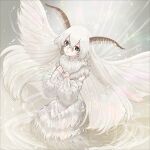  1girl antennae arthropod_girl black_eyes clenched_hands detached_sleeves fur_collar fur_shirt fur_skirt fur_sleeves highres insect_wings long_hair looking_at_viewer moth_girl moth_wings niichi_draw original smile solo white_hair white_sleeves white_wings wings 