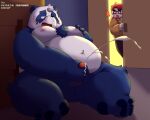 2024 anthro balls bear belly big_belly blood blue_body bodily_fluids cum debudave_12 detailed_background duo ejaculation erection genital_fluids genitals giant_panda hi_res human kemono male mammal masturbation moobs navel nipples nosebleed overweight overweight_male penis sitting white_body