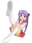  bad_feet blue_eyes hair_ribbon hiiragi_kagami hirondo kneehighs lucky_star open_mouth purple_hair ribbon ryouou_school_uniform school_uniform serafuku simple_background smile socks solo toes tsurime twintails 
