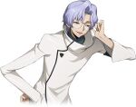  1boy adjusting_eyewear arm_up armband artist_request blue_eyes blue_hair blue_shirt coat code_geass code_geass:_lost_stories game_cg glasses hair_intakes half-closed_eyes hand_on_own_hip happy high_collar lab_coat leaning_forward lloyd_asplund long_sleeves looking_at_viewer male_focus non-web_source official_art open_mouth pocket rimless_eyewear shirt short_hair simple_background smile solo standing transparent_background upper_body white_coat 
