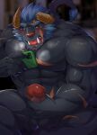 abs anthro balls blush breath cellphone electronics erection eyebrows fur genitals grey_body grey_fur hi_res horn krampus_(housamo) lifewonders male masturbation monster muscular muscular_anthro nude owan8181 panting pecs penis phone scar smartphone solo thick_eyebrows tokyo_afterschool_summoners