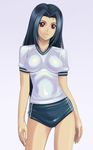  ahoge blue_hair breasts buruma gym_uniform idolmaster idolmaster_(classic) idolmaster_1 long_hair medium_breasts miura_azusa muhi11234 red_eyes solo standing 