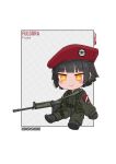  1girl absurdres beret black_footwear black_gloves black_hair blunt_bangs blush_stickers character_name chibi closed_mouth fulgora_(polilla) full_body fumo_(doll) gloves green_jacket gun hat highres jacket long_sleeves military_uniform orange_eyes original red_headwear short_hair smile solo srtdrawart uniform weapon 