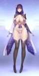  1girl absurdres asymmetrical_sleeves black_thighhighs blurry blurry_background breasts bridal_gauntlets earrings full_body genshin_impact high_heels highres huge_breasts jewelry long_hair looking_at_viewer mole mole_under_eye no_panties pelvic_curtain purple_eyes purple_hair purple_nails raiden_shogun rekaerb_maerd revealing_clothes shrug_(clothing) solo thighhighs 