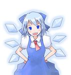  blue_dress blue_eyes blue_hair cirno cowboy_shot dress hands_on_hips ice ice_wings kanoe_soushi looking_at_viewer lowres necktie puffy_short_sleeves puffy_sleeves red_neckwear short_sleeves simple_background solo touhou white_background wings 