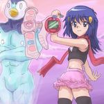  1girl adapted_costume artist_request bangs bare_arms bare_shoulders black_legwear breasts card closed_mouth crop_top crossover duel_disk gen_4_pokemon hair_ornament hikari_(pokemon) holding holding_card long_hair lowres midriff miniskirt muscle navel oekaki parody pink_skirt piplup poke_ball poke_ball_theme pokemon pokemon_(anime) pokemon_(creature) pokemon_dp_(anime) red_scarf scarf skirt small_breasts thighhighs yuu-gi-ou yuu-gi-ou_duel_monsters zettai_ryouiki 