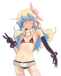  belt bikini_top cosplay flat_chest flower gloves guitar_(guitars) hair_flower hair_ornament long_hair midriff multicolored_hair nia_teppelin pink_legwear scarf shorts solo tengen_toppa_gurren_lagann thighhighs v yoko_littner yoko_littner_(cosplay) 