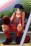  90s absurdres baseball_cap basketball basketball_uniform breasts cleavage clothes_writing gotou_keiji green_hair hat highres kidou_senkan_nadesico loose_clothes loose_shirt medium_breasts shirt shoes shorts sneakers socks solo sportswear subaru_ryoko 