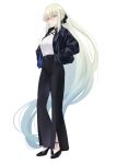  1girl absurdly_long_hair absurdres alternate_costume belt black_belt black_footwear black_jacket black_pants black_ribbon blue_eyes blue_hair braid closed_mouth collarbone fate/grand_order fate_(series) full_body gradient_hair hair_ribbon half_updo hands_in_pockets high_heels highres jacket long_hair looking_at_viewer morgan_le_fay_(fate) multicolored_hair no_socks okuma707 pants ponytail ribbon rimless_eyewear shirt shirt_tucked_in sidelocks simple_background solo tinted_eyewear very_long_hair white_background white_hair white_shirt 