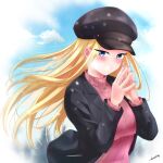  1girl absurdres black_headwear black_jacket blonde_hair blue_eyes blue_nails blue_sky blush breasts breath cloud dosanko_gyaru_wa_namaramenkoi floating_hair fuyuki_minami hair_behind_ear hat highres jacket long_hair long_sleeves looking_at_viewer medium_breasts mutsuki_(mutsuki0110) outdoors ribbed_sweater signature sky steepled_fingers sweater upper_body 