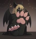 &lt;3 aliscik animated anthro bat big_ears biobatz claws fangs feet foot_fetish foot_focus grin hair hi_res long_hair looking_at_viewer male mammal pawpads paws short_playtime sitting sitting_back smile solo teeth wings wings_on_back