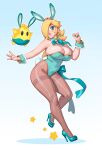  1girl absurdres alternate_breast_size animal_ears bare_shoulders blonde_hair blue_eyes bow breasts crown detached_collar earrings fake_animal_ears hair_over_one_eye highres jewelry large_breasts leotard long_hair luma_(mario) mario_(series) open_mouth playboy_bunny rabbit_ears riz rosalina strapless strapless_leotard super_mario_galaxy 