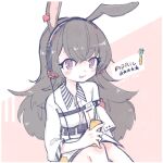  1girl :p animal_ears april_(arknights) arknights brown_hair carrot character_name closed_mouth collared_jacket commentary_request ear_tag feet_out_of_frame headphones highres implied_extra_ears jacket long_hair looking_at_viewer m_(m073111) purple_eyes rabbit_ears rabbit_girl solo star_(symbol) tongue tongue_out walkman white_jacket 