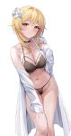  1girl absurdres alternate_costume bare_shoulders bikini blush breasts cleavage closed_mouth collarbone flower genshin_impact hair_ornament highres long_hair long_sleeves looking_at_viewer lumine_(genshin_impact) lunacle medium_breasts navel simple_background smile solo standing stomach swimsuit 
