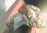  1boy absurdres from_above green_hair highres holding holding_clothes holding_shirt implied_yaoi long_sideburns lying male_focus on_side one_piece pants roronoa_zoro shirt short_hair sideburns sleeping solo sweetdou3 unworn_shirt 