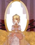  1girl aku_no_musume_(vocaloid) bare_shoulders blonde_hair bow brooch choker closed_eyes closed_mouth collarbone curtains dress dress_bow dress_flower dress_ribbon earrings evillious_nendaiki flower four_mirrors_of_lucifenia frilled_dress frilled_sleeves frills hair_bow hair_ornament hairclip high_ponytail jewelry kagamine_rin mirror off-shoulder_dress off_shoulder orange_bow pale_skin petticoat puge_(r_neko_12) riliane_lucifen_d&#039;autriche rose skirt_hold smile solo swept_bangs thorns updo vocaloid wide_sleeves yellow_bow yellow_choker yellow_dress yellow_flower yellow_rose 