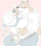 2024 anthro balls blush bodily_fluids bottomwear brown_body canid canine canis clothing cum domestic_dog ejaculation erection eyes_closed fugashi4090 genital_fluids genitals kemono male mammal necktie overweight overweight_male pants penis shirt simple_background solo topwear