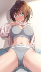  1girl amasawa_chigusa blue_eyes blush bra breasts brown_hair calvin_klein cleavage clothes_lift grey_bra grey_panties hair_between_eyes highres kazuma_(kazumav) large_breasts lifted_by_self looking_at_viewer navel original panties ponytail shirt shirt_lift solo sweat underwear white_shirt 