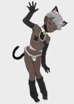  1boy animal_ears bad_id bad_twitter_id bell bikini black_gloves blunt_bangs blush_stickers bulge cat_boy cat_ears cat_tail closed_eyes cross_pasties crossdressing dark-skinned_male dark_skin detached_collar ear_piercing elbow_gloves fangs full_body gloves grey_background grey_hair highres inactive_account jingle_bell leaning_to_the_side maid maid_bikini maid_headdress male_focus mask mouth_mask navel original otoko_no_ko pasties piercing short_hair simple_background solo spiked_ear_piercing swimsuit tail tajmahalchiba unconventional_maid white_bikini 