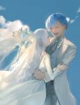  1boy 1girl blue_hair blue_sky bouquet closed_eyes couple cowboy_shot dress elf frieren hetero highres himmel_(sousou_no_frieren) long_hair necktie nyafurbl pointy_ears short_hair sky smile sousou_no_frieren suit wedding_dress white_hair white_necktie white_suit 