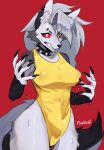 absurd_res angry anthro big_breasts black_body black_fur breasts camel_toe canid canid_demon canine canis clothed clothing collar demon ear_piercing ear_ring eyebrow_piercing facial_piercing female fueko66 fur grey_body grey_fur hair hellhound helluva_boss hi_res loona_(helluva_boss) mammal one-piece_swimsuit piercing red_sclera ring_piercing soaked solo swimwear tail text white_body white_fur wolf