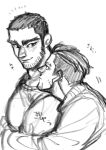  2boys absurdres bara beard_stubble blank_stare buzz_cut couple eye_contact facial_hair from_side golden_kamuy greyscale happy_aura head_on_another&#039;s_shoulder highres hug hug_from_behind kasuke_(li_tgknk) looking_at_another loose_hair_strand male_focus mature_male monochrome multiple_boys muscular muscular_male ogata_hyakunosuke pectorals short_hair sketch smile stubble tanigaki_genjirou thick_eyebrows very_short_hair yaoi 