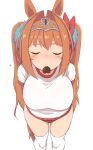  1girl breasts buruma candy chocolate closed_eyes closed_mouth daiwa_scarlet_(umamusume) facing_viewer food food_in_mouth gym_uniform heart heart-shaped_chocolate kugui_kiyunemu large_breasts leaning_forward long_hair orange_hair red_buruma shirt short_sleeves simple_background solo standing tiara twintails umamusume white_background white_shirt 