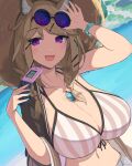  1girl 8ka43 animal_ear_fluff animal_ears aqua_nails arknights breasts brown_hair collarbone dutch_angle eyewear_on_head hat highres holding holding_phone jewelry large_breasts medium_hair necklace open_mouth outdoors phone round_eyewear sidelocks slit_pupils solo sun_hat swimsuit upper_body utage_(arknights) utage_(summer_flowers)_(arknights) 