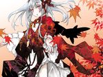  autumn kakashichi leaf long_hair red_eyes rozen_maiden silver_hair solo suigintou wings 