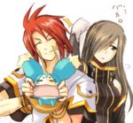  &gt;_&lt; 1girl artist_request bangs blue_eyes brown_hair closed_eyes gloves hair_over_one_eye long_hair lowres luke_fon_fabre mieu mouth_pull red_hair smile tales_of_(series) tales_of_the_abyss tear_grants 