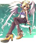  animal_ears blonde_hair blue_eyes bunny_ears bunnysuit drill_hair feathers full_body head_wings high_heels katahira_masashi long_hair original pantyhose pointy_ears shoes sitting solo wings wrist_cuffs 