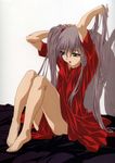  90s absurdres barefoot bed dress feet gotou_keiji highres hoshino_ruri kidou_senkan_nadesico kidou_senkan_nadesico_-_prince_of_darkness lipstick makeup red_dress solo thighs twintails 