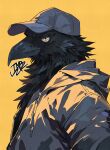 absurd_res anthro avian bedroom_eyes bird black_body black_fur clothing corvid corvus_(genus) crow fur grey_clothing grey_hoodie grey_topwear hat headgear headwear hi_res hoodie light_smile looking_at_viewer male narrowed_eyes orange_sclera oscine passerine seductive signature simple_background solo tomotiso2k topwear white_eyes yellow_background