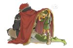  2boys armor arms_up backlighting bandaged_tail bare_arms belt black_jacket blonde_hair blue_eyes boots cape_lift commentary fringe_trim from_behind ganondorf green_headwear green_tail green_tunic grey_pants grrr0111 hat height_difference indian_style jacket knee_boots knee_guards link lizard_tail looking_down male_focus multiple_boys open_mouth pants pauldrons pointy_ears pointy_nose red_hair short_hair short_sleeves shoulder_armor simple_background sitting standing symbol-only_commentary tail the_legend_of_zelda white_background 