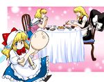  alice_margatroid apron azuki_osamitsu bandaid blonde_hair blue_eyes blush braid chair clothes_pin eating hands_clasped hat kirisame_marisa multiple_girls own_hands_together rice rice_spoon shanghai_doll short_hair sitting smile table touhou witch_hat 